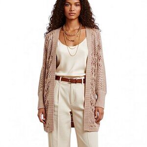 NWT GOLD HAWK Crochet Cardigan Sz S Beige Open Front 100% Cotton Cottage Boho